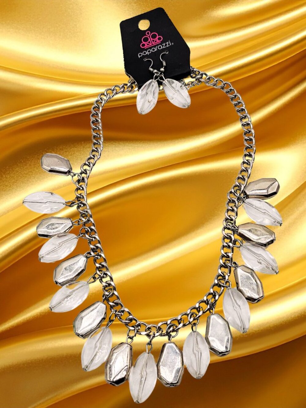 Paparazzi Silver Tone Clear Bead Charm Necklace & Earrings Set